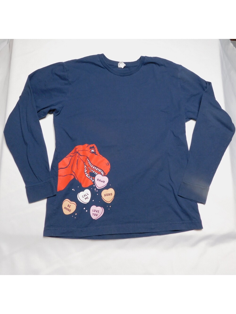 LAT Apparel Youth XL Navy Blue Long Sleeve Shirt Dinosaur Valentine Conversation